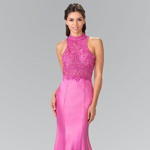 NEW LONG SLEEVELESS SHEATH DRESS EMBROIDERED WITH LACE AND RHINESTONES GL2227